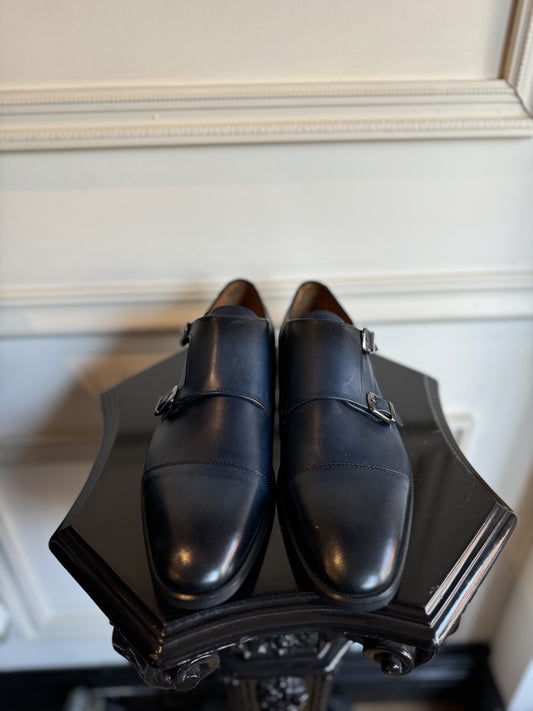 ETERI Navy Leather Double Monk Strap Shoes