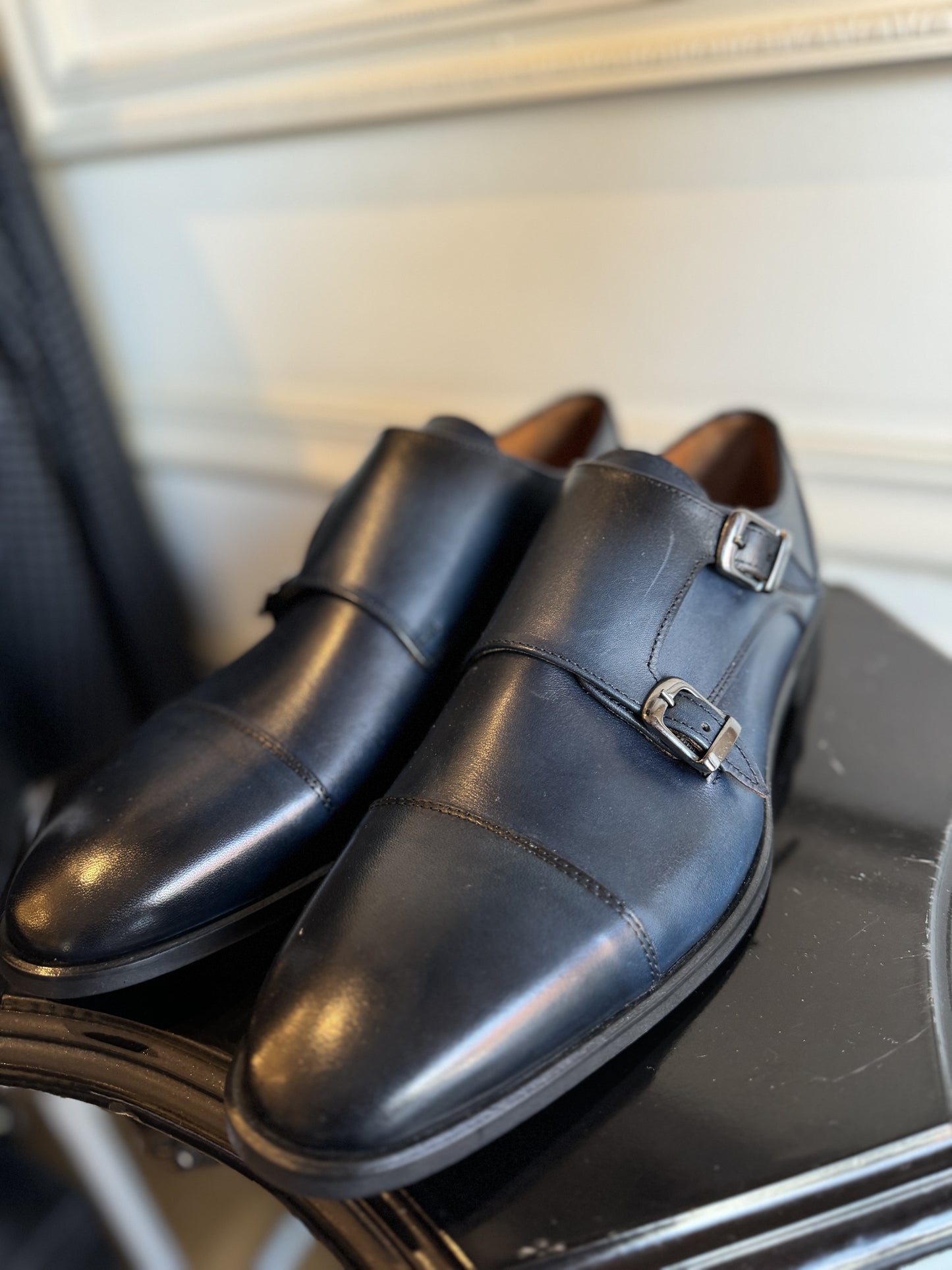 ETERI Navy Leather Double Monk Strap Shoes