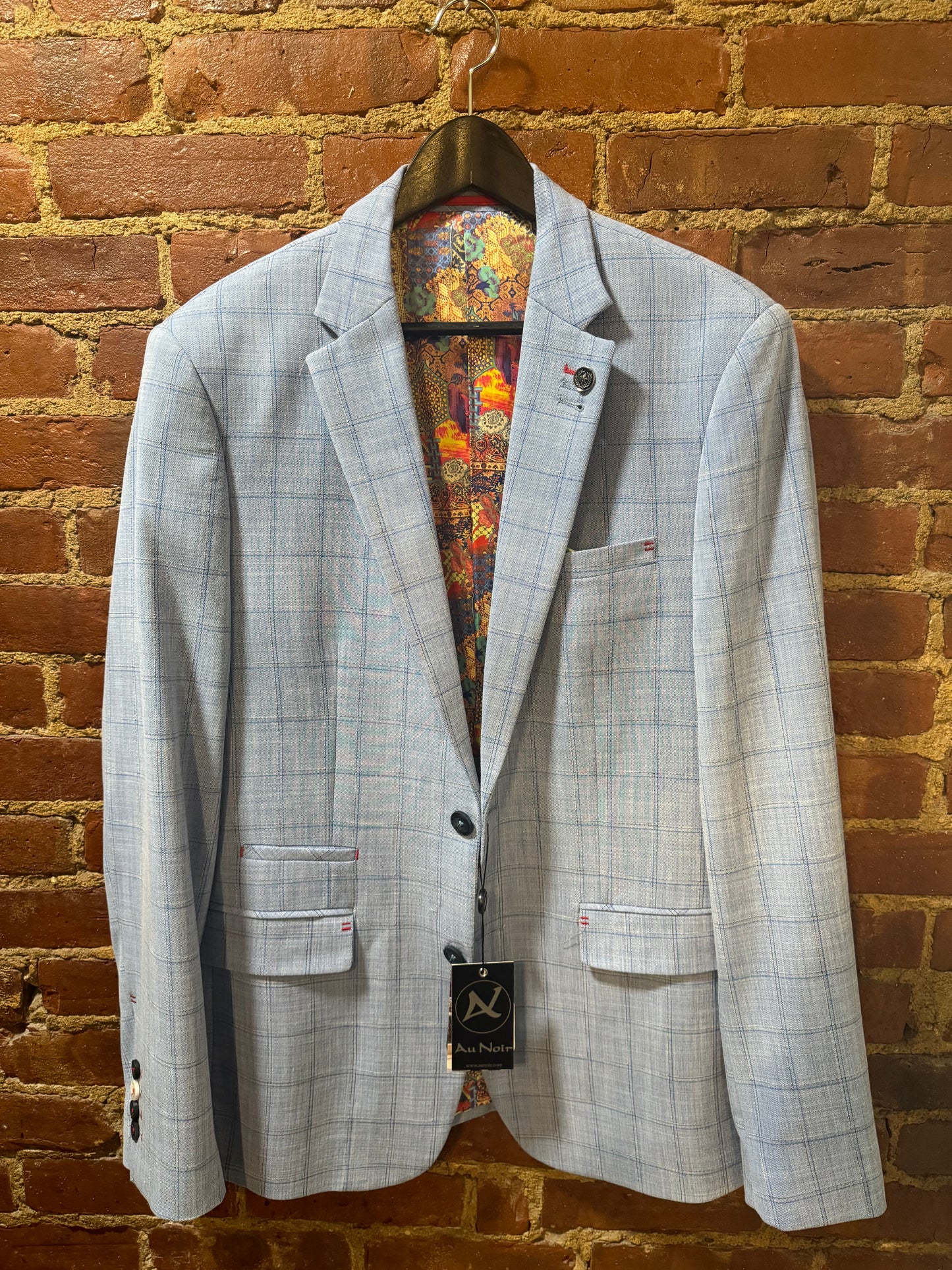 Sophisticated Light Blue Plaid Blazer with Vibrant Lining